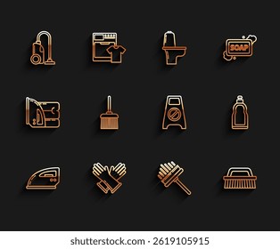 Set line Electric iron, Rubber gloves, Vacuum cleaner, Squeegee, scraper, wiper, Brush for cleaning, Handle broom, Plastic bottles liquid dishwashing liquid and Wet floor progress icon. Vector