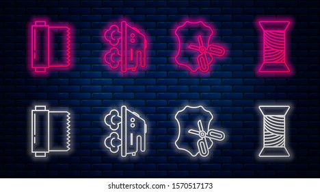 Set line Electric iron, Scissors and leather, Textile fabric roll and Sewing thread on spool. Glowing neon icon on brick wall. Vector