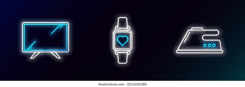 Set Linie Elektrisches Bügeleisen, Smart TV und Uhr zeigt Herzschlag-Symbol. Leuchtendes Neon. Vektorgrafik