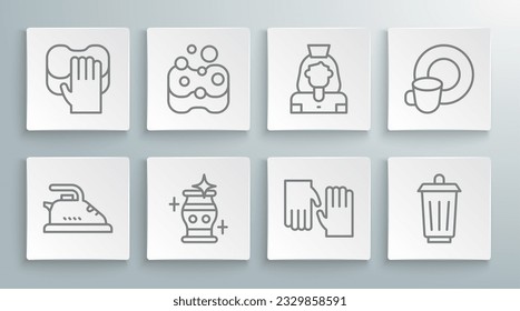 Set line Electric iron, Sponge, Clean vase, Rubber gloves, Trash can, Cleaning lady service, Washing dishes and  icon. Vector