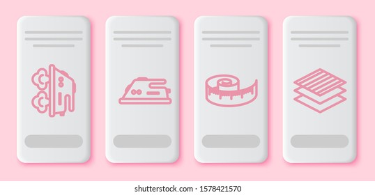 Set line Electric iron, Electric iron, Tape measure and Textile fabric roll. White rectangle button. Vector