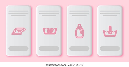 Set line Electric iron, Temperature wash, Bottle for cleaning agent and . White rectangle button. Vector