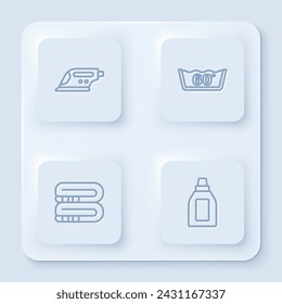Set line Electric iron, Temperature wash, Towel stack and Bottle for cleaning agent. White square button. Vector