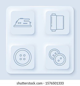 Set line Electric iron, Textile fabric roll, Sewing button for clothes and Sewing button for clothes. White square button. Vector