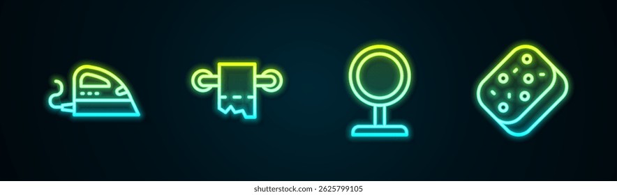 Set line Electric iron, Toilet paper roll, Round makeup mirror and Sponge. Glowing neon icon. Vector