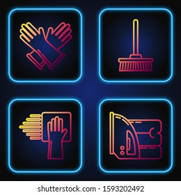 Set line Electric iron and towel , Cleaning service , Rubber gloves  and Mop . Gradient color icons. Vector