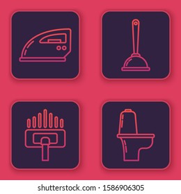 Set line Electric iron , Vacuum cleaner, Toilet plunger and Toilet bowl . Blue square button. Vector