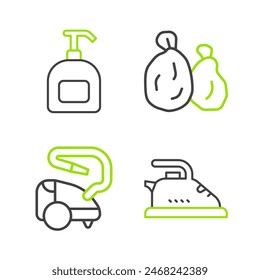 Línea de ajuste Plancha eléctrica, aspiradora, bolsa de basura y botella de jabón líquido icono. Vector