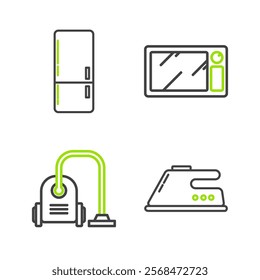 Set line Electric iron, Vacuum cleaner, Microwave oven and Refrigerator icon. Vector