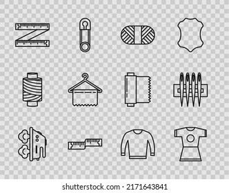 Set line Electric iron, Woman dress, Sewing thread spool, Tape measure, Hanger wardrobe, Sweater and Needle for sewing icon. Vector