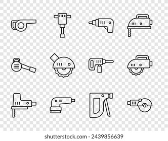 Set line Electric jigsaw, Angle grinder, cordless screwdriver, sander, Leaf garden blower, circular, Construction stapler and  icon. Vector