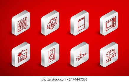Set line Elektrische Stichsäge, kreisförmig, Kühlschrank, Mikrowelle, Winkelschleifer, Heizung, Stereo-Lautsprecher und Luftkompressor-Symbol. Vektorgrafik
