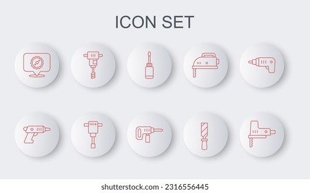 Fijar línea Visera eléctrica, destornillador inalámbrico, destornillador, archivo de metal Rasp, cuchilla circular, Mezclador de hormigón de mano eléctrica, Martillo de construcción e icono de la máquina de perforación. Vector