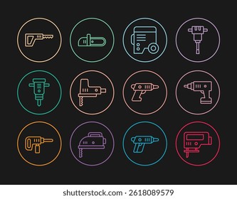 Set line Electric jigsaw, cordless screwdriver, Power electric generator, Construction jackhammer, Reciprocating,  and Chainsaw icon. Vector