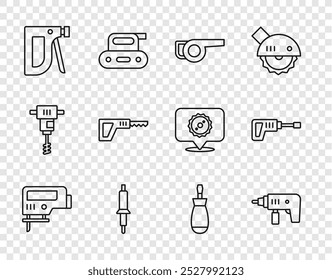 Línea de juego Rompecabezas eléctrico, máquina de perforación, soplador de jardín de hojas, soldador, grapadora de construcción, recíproco, destornillador e icono de martillo rotativo. Vector