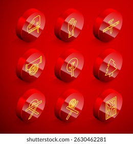 Set line Electric jigsaw, Protective gloves, Metallic nail, Two-handed and log, Tree, Christmas tree, circular and Wooden logs on stand icon. Vector