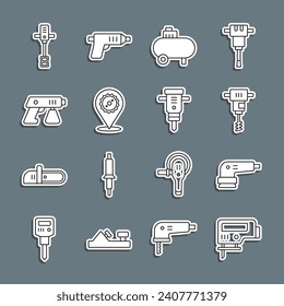 Set line Electric jigsaw, sander, Electrical hand concrete mixer, Air compressor, Circular blade, Paint spray gun,  and Construction jackhammer icon. Vector