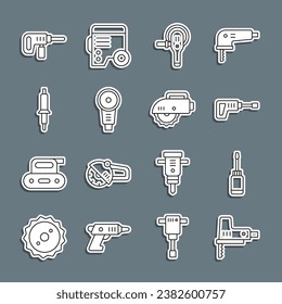 Set line Electric jigsaw, Screwdriver, Rotary hammer drill machine, Angle grinder, Soldering iron,  and circular icon. Vector