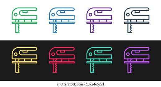 Set line Electric jigsaw with steel sharp blade icon isolated on black and white background. Power tool for woodwork.  Vector Illustration