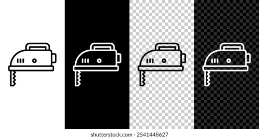 Set line Electric jigsaw with steel sharp blade icon isolated on black and white, transparent background. Power tool for woodwork.  Vector