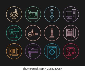 Set Line Electric Jigsaw, Telephone, Blender, Angle Grinder, Paint Spray Gun, Circular, Vacuum Cleaner And Sewing Machine Icon. Vector