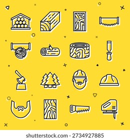 Set line Electric jigsaw, Worker safety helmet, Chisel tool, Closed door, Wooden logs, Two-handed and,  and Tree stump icon. Vector
