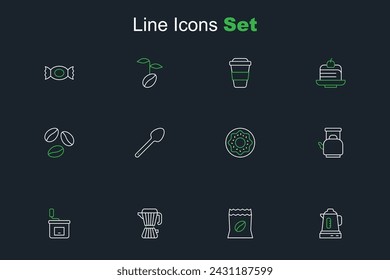 Set line Elektrischer Wasserkocher, Tasche mit Kaffeebohnen, Kaffeemaschine Moca-Topf, Handschleifer, Wasserkocher mit Griff, Donut, Teelöffel und Ikone. Vektor