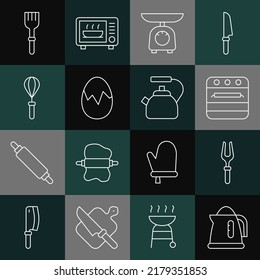 Set line Electric kettle, Barbecue fork, Oven, Scales, Broken egg, Kitchen whisk, Fork and Kettle with handle icon. Vector