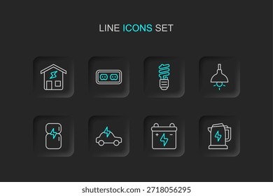 Set line Hervidor eléctrico, batería de coche, coche, refrigerador, lámpara colgante, bombilla led, toma de corriente eléctrica y el icono de casa inteligente. Vector