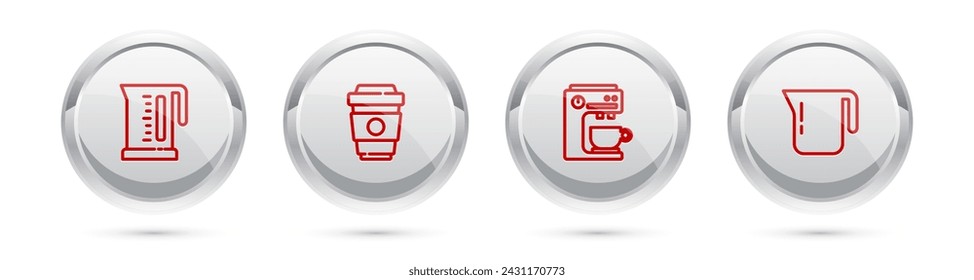 Set line Hervidor eléctrico, taza de café para llevar, máquina y olla. Botón de círculo plateado. Vector