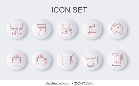 Set line Electric kettle, Coffee cup, Pour over coffee maker, Glass with water, to go,  and pot icon. Vector