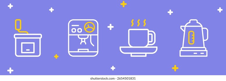 Set line Electric kettle, Coffee cup, machine and Manual coffee grinder icon. Vector