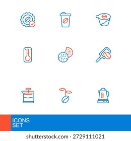 Set line Electric kettle, Coffee beans, French press, Spatula with coffee grain, thermometer, Cookie or biscuit, Pour over maker and cup to go icon. Vector