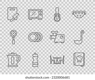Set line Electric kettle, Cookbook, Pizza knife, Pepper, Cutting board and, Plate, Wooden table with chair and Kitchen ladle icon. Vector