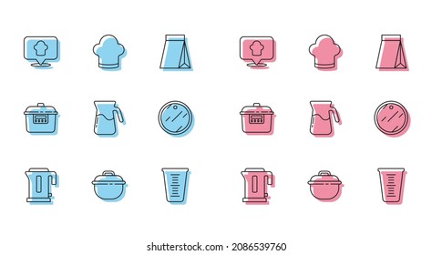 Set line Electric kettle, Cooking pot, Chef hat with location, Measuring cup, Jug glass water, Cutting board, Slow cooker and  icon. Vector