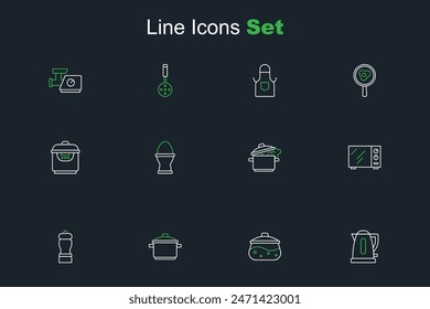 Set line Elektrischer Wasserkocher, Kochtopf, Pfeffer, Mikrowellenofen, Hühnerei auf Stand und Slow-Cooker-Symbol. Vektorgrafik