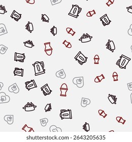 Set line Electric kettle, Cooking pot, Chef hat and Chicken egg on stand on seamless pattern. Vector