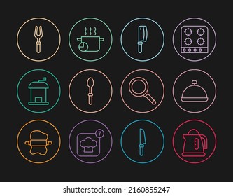 Set line Electric kettle, Covered with tray of food, Meat chopper, Teaspoon, Manual coffee grinder, Barbecue fork, Frying pan and Cooking pot icon. Vector