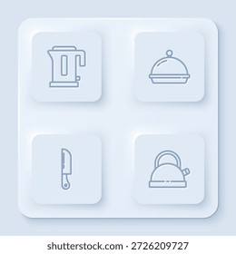 Set line Electric kettle, Covered with tray of food, Knife and Kettle handle. White square button. Vector