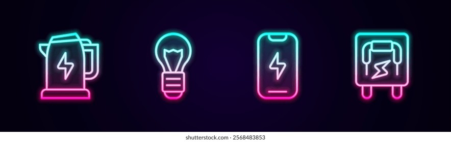 Set line Electric kettle, Creative lamp light idea, Mobile phone and Electrical panel. Glowing neon icon. Vector