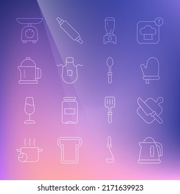 Set line Electric kettle, Cutting board and knife, Oven glove, Blender, Kitchen apron, French press, Scales and Teaspoon icon. Vector
