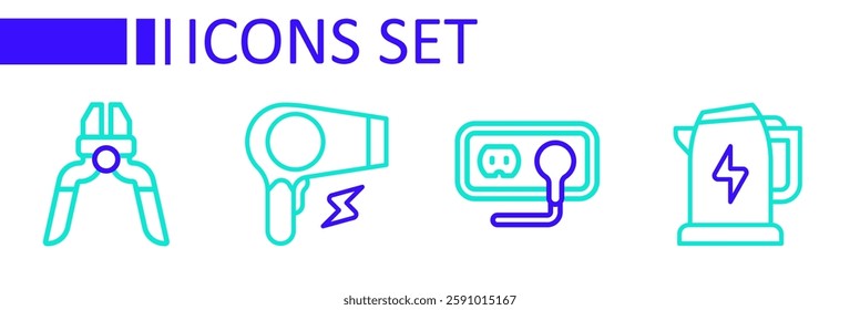 Set line Electric kettle, Electrical outlet, Hair dryer and Pliers tool icon. Vector