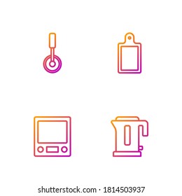 Set line Electric kettle, Electronic scales, Pizza knife and Cutting board. Gradient color icons. Vector