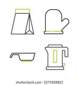 Set line Electric kettle, Frying pan, Oven glove and Bag of coffee beans icon. Vector