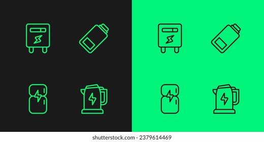 Fijar línea Calentador eléctrico, refrigerador, medidor e icono de carga de la batería. Vector