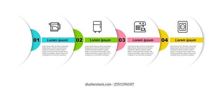 Set line Electric kettle, Refrigerator, Coffee machine and Electrical outlet. Business infographic template. Vector