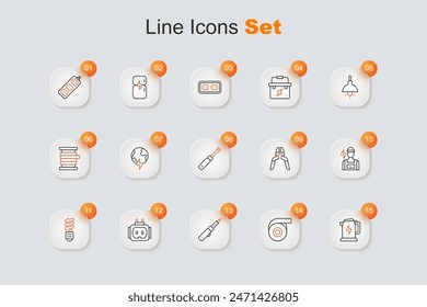 Set line Hervidor eléctrico, Cinta adhesiva para rollos, Soldador, Tee plug eléctrico, Bombilla led, Electricista, Alicates herramienta y destornillador icono. Vector