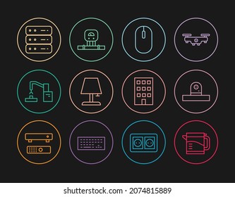 Set line Electric kettle, Security camera, Computer mouse, Table lamp, Robotic robot arm hand factory, Server, Data, Web Hosting, House and Smart sensor icon. Vector