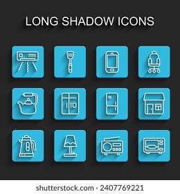 Set line Electric kettle, Table lamp, Air conditioner, Radio, Microwave oven, Refrigerator, House and  icon. Vector