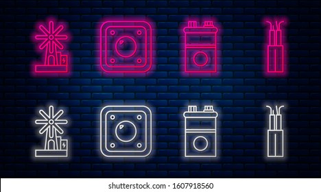 Set line Electric light switch, Car battery, Wind turbine and Electric cable. Glowing neon icon on brick wall. Vector